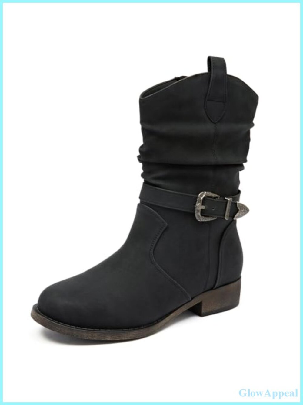 Women's Mid-Calf Cowboy Boots Faux Leather Low Heel Zip Round Toe